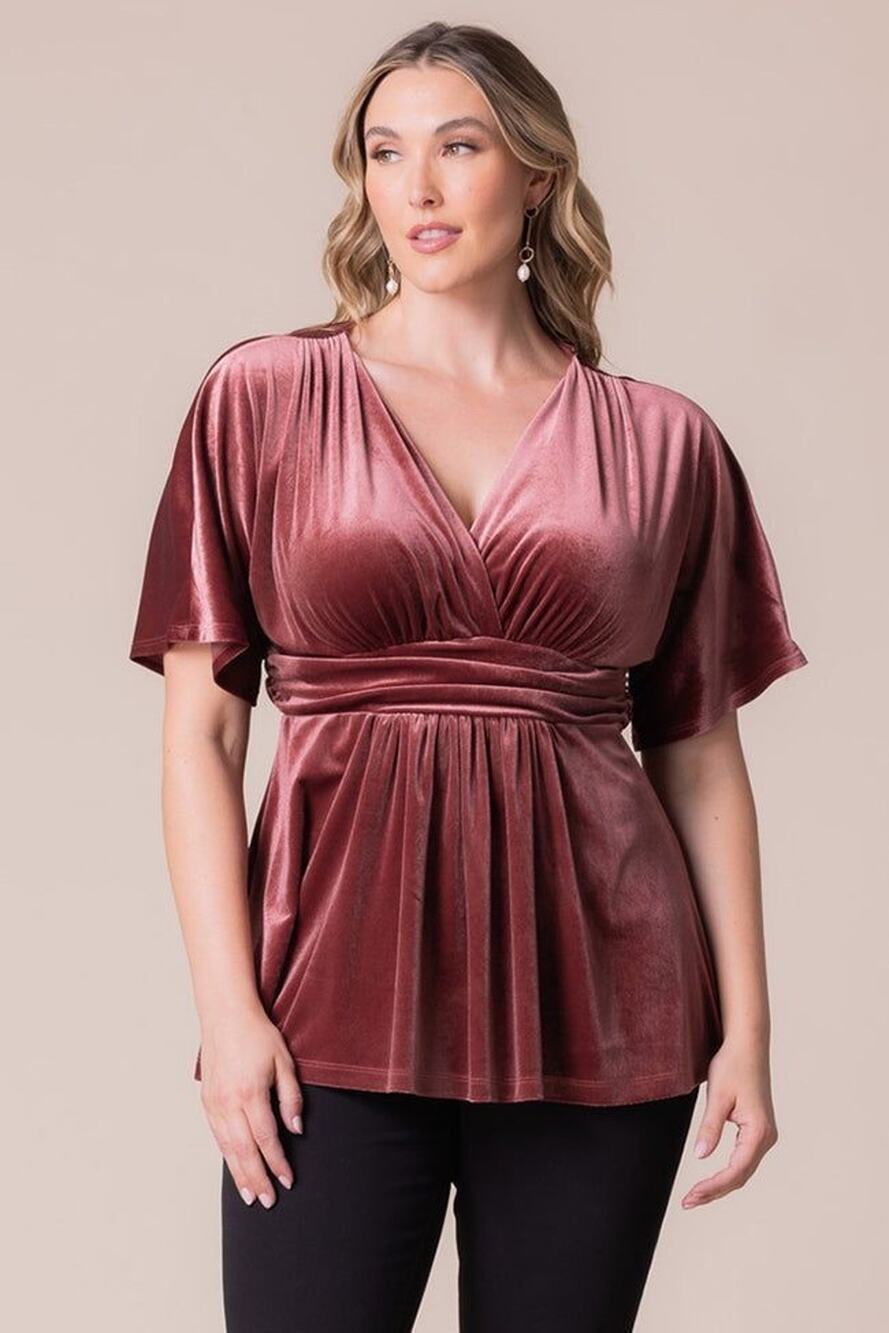Kiyonna Park Avenue Top 3X Pink Velvet Flutter Sleeve Romantic Christmas Party